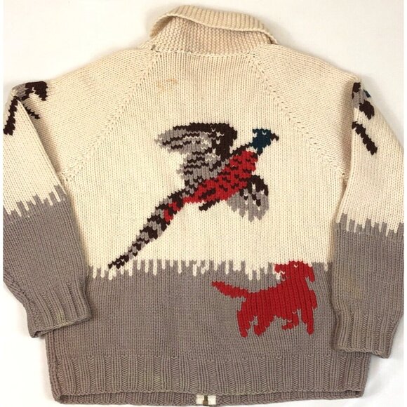 Vintage Cowichan Knitted Zip Sweater Hunter Dog Hunting Pheasant Talon Zipper - Picture 8 of 11